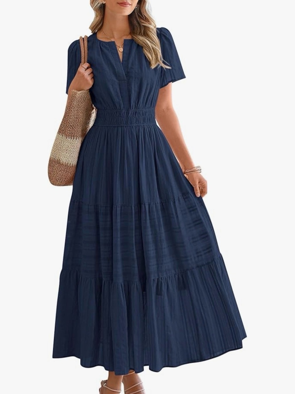 Women's Summer Navy Blue Maxi Dress with Smocked Waist